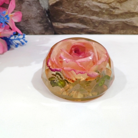 Rolfe Other - Vintage Rolfe Signed Rose Paperweight Real Flower Preserved Lucite Acrylic Facet